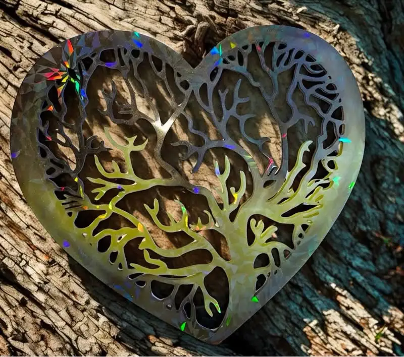 Coeur arbre de vie effets holographiques marron & vert anis
