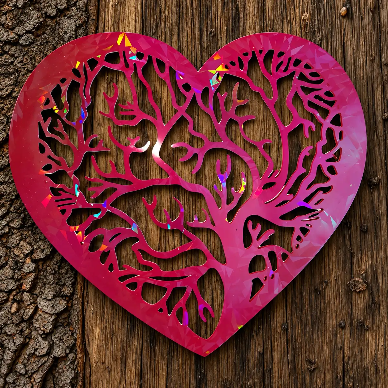 Coeur arbre de vie effets holographiques nuances de rouges